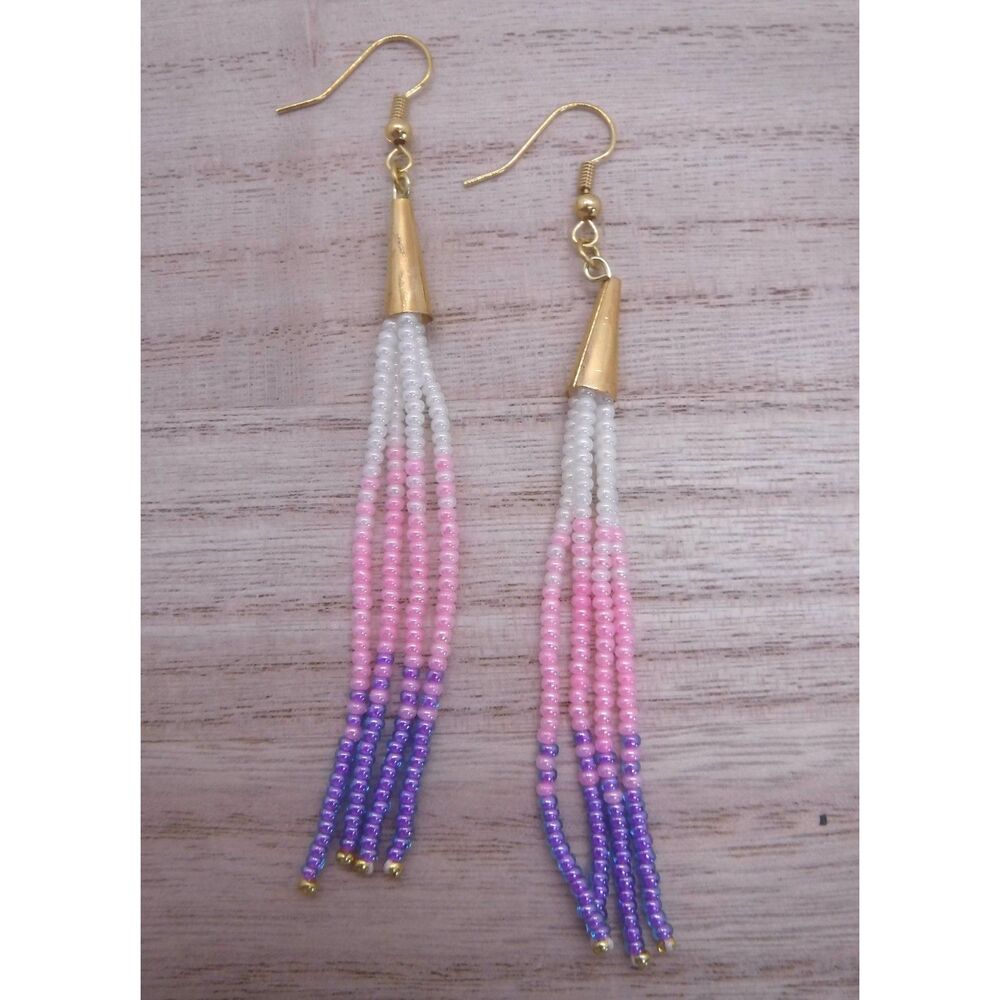 Earrings Beaded Gold, Pearl White, Pink & Purple